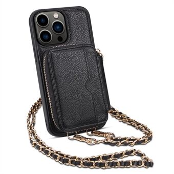 PU Leather+TPU Phone Cover for iPhone 13 Pro 6.1 inch Kickstand Card Holder Wallet Phone Case with Strap