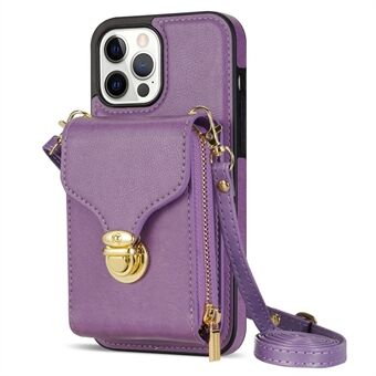 For iPhone 13 Pro 6.1 inch PU Leather + TPU Back Case Zipper Card Holder Kickstand Phone Cover with Shoulder Strap