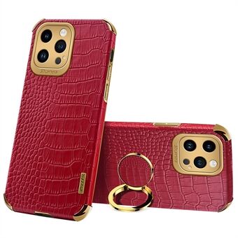 For iPhone 13 Pro PU Leather Coated TPU 6D Electroplated Case Ring Kickstand Crocodile Texture Phone Cover