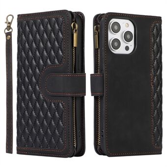 For iPhone 13 Pro 6.1 inch Leather Card Holder Phone Case Rhombus Imprint Zipper Pocket Wallet Stand Cover