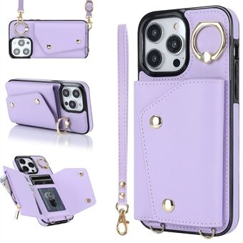 For iPhone 13 Pro Zipper Wallet Phone Cover PU Leather Coated TPU Phone Case with Ring Holder Kickstand