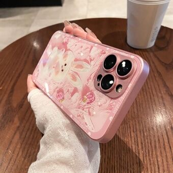 For iPhone 13 Pro Hard Glass+TPU Phone Cover Metal Paint Design Strawberry Rabbit Decor Phone Case