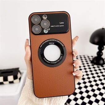 Litchi Texture PU Leather Slim PC Case for iPhone 13 Pro 6.1 inch Compatible with MagSafe Glass LOGO Visible Phone Cover