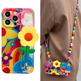 For iPhone 13 Pro Printed TPU Case Phone Cover with Flower Decor Clear Wristband and Shoulder Strap