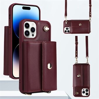 For iPhone 13 Pro 6.1 inch Magnetic Button Card Bag Phone Case PU Leather Coated TPU Cover with Shoulder Strap