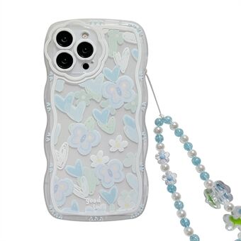 For iPhone 13 Pro Phone Case Heart Shape Butterfly Pattern Transparent TPU Cover with Bead Chain