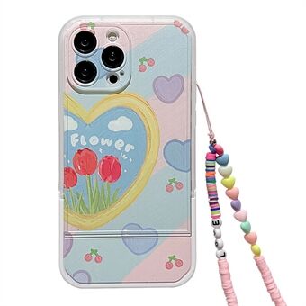 For iPhone 13 Pro Shockproof Smartphone Case Oil Painting Heart Pattern Kickstand TPU Cover with Wrist Strap