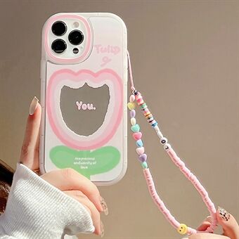 For iPhone 13 Pro TPU Cover Gradient Pink Flower Pattern Mirror Design Phone Case with Wrist Strap