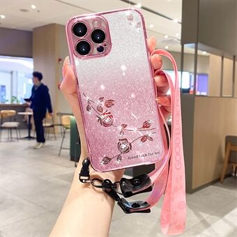 Drop Proof TPU Phone Cover for iPhone 13 Pro 6.1 inch , Flower Design Glitter Rhinestone Decor Phone Case with Strap