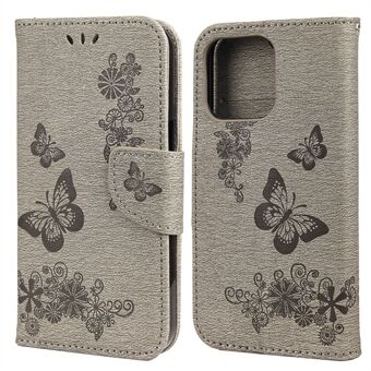 Leather Wallet Case Imprint Butterfly Flower Phone Case with Stand for iPhone 13 mini 5.4 inch