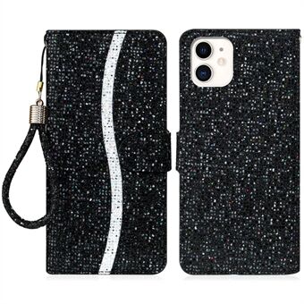 Glittery Powder Leather Wallet Phone Stand Case with Strap for iPhone 13 mini 5.4 inch