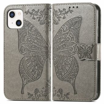 Protective Big Butterfly Imprinting Leather Wallet Cover with Strap for iPhone 13 mini 5.4 inch