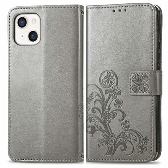 Drop-proof Imprinted Four-leaf Clover Magnet Clasp Leather Cover Case for iPhone 13 mini 5.4 inch