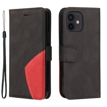 Bi-color Splicing PU Leather Folio Flip Wallet Stand Cover with Wrist Strap for iPhone 13 mini 5.4 inch