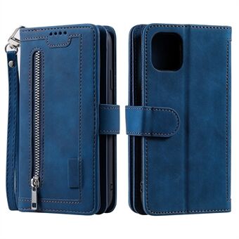 9 Card Slots Design Leather Wallet Stand Phone Case Shell with Wrist Strap for iPhone 13 mini 5.4 inch