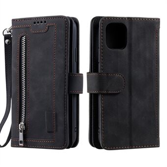 9 Card Slots Design Leather Wallet Stand Phone Case Shell with Wrist Strap for iPhone 13 mini 5.4 inch