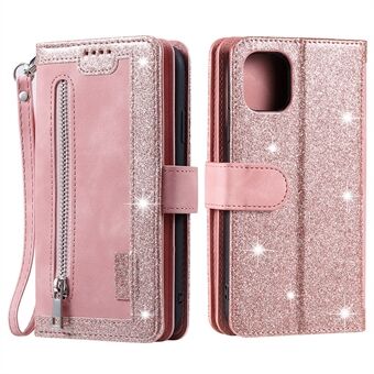 9 Card Slots Design Leather Wallet Stand Phone Case Shell with Wrist Strap for iPhone 13 mini 5.4 inch