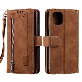 9 Card Slots Design Leather Wallet Stand Phone Case Shell with Wrist Strap for iPhone 13 mini 5.4 inch