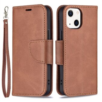 Solid Color Leather Wallet Case Phone Shell with Strap for iPhone 13 mini 5.4 inch