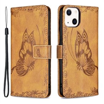 Imprint Butterfly PU Leather Stand Wallet Flip Case Cover with Wrist Strap for iPhone 13 mini 5.4 inch