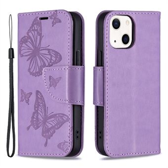 Imprint Butterfly Magnetic Closure Leather Stand Wallet Phone Shell Case with Strap for iPhone 13 mini 5.4 inch