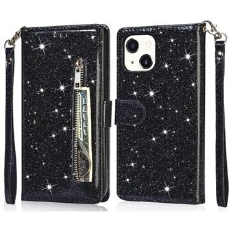 Glitter Sequins All-Round Protection Magnetic Clasp Zipper Pocket Wallet Flip Leather Phone Cover with Stand for iPhone 13 Mini 5.4 inch