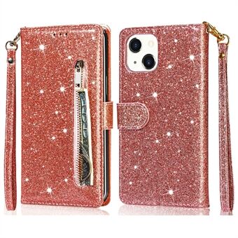 Glitter Sequins All-Round Protection Magnetic Clasp Zipper Pocket Wallet Flip Leather Phone Cover with Stand for iPhone 13 Mini 5.4 inch