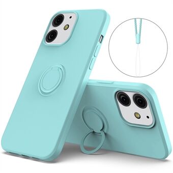 360° Rotary Ring Kickstand Design Drop-Resistant Eco-Friendly Liquid Silicone Phone Protective Case Shell with Handy Strap for iPhone 13 mini 5.4 inch