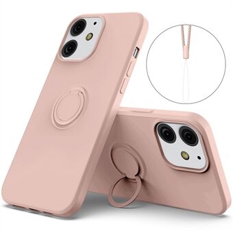 360° Rotary Ring Kickstand Design Drop-Resistant Eco-Friendly Liquid Silicone Phone Protective Case Shell with Handy Strap for iPhone 13 mini 5.4 inch