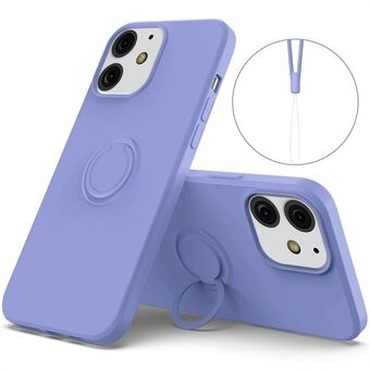 360° Rotary Ring Kickstand Design Drop-Resistant Eco-Friendly Liquid Silicone Phone Protective Case Shell with Handy Strap for iPhone 13 mini 5.4 inch