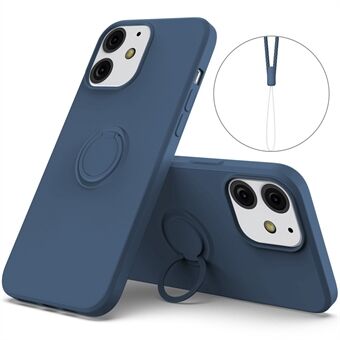 360° Rotary Ring Kickstand Design Drop-Resistant Eco-Friendly Liquid Silicone Phone Protective Case Shell with Handy Strap for iPhone 13 mini 5.4 inch