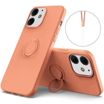 360° Rotary Ring Kickstand Design Drop-Resistant Eco-Friendly Liquid Silicone Phone Protective Case Shell with Handy Strap for iPhone 13 mini 5.4 inch