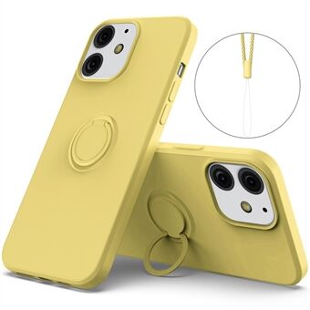 360° Rotary Ring Kickstand Design Drop-Resistant Eco-Friendly Liquid Silicone Phone Protective Case Shell with Handy Strap for iPhone 13 mini 5.4 inch