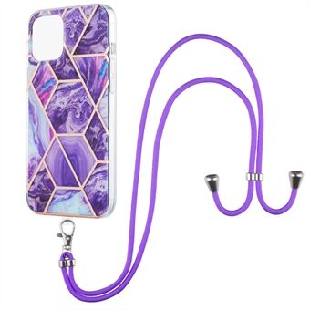 Marble Splicing Pattern 2.0mm Ultra Slim Thin Double-sided IMD Electroplating Soft Shockproof TPU Cover with Lanyard for iPhone 13 mini 5.4 inch