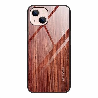 Wood Grain Design TPU + Tempered Glass Back Phone Case Cover for iPhone 13 mini 5.4 inch