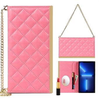 For iPhone 13 mini 5.4 inch Phone Case Grid Texture Phone Bag Leather Hand Bag with Makeup Mirror