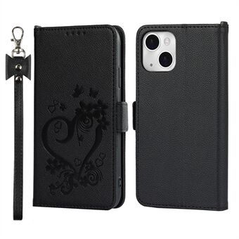 Heart Imprint PU Leather Protective Phone Stand Case Wallet Cover with Strap for iPhone 13 mini 5.4 inch