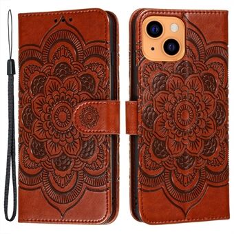 Imprinting Mandala Flower Scratch-resistant Leather Phone Cover Stand Wallet Protective Case for iPhone 13 mini 5.4 inch