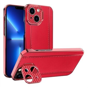 Kevlar and Carbon Fiber Texture Stylish Anti-fingerprint Electroplating Frame PU Leather Coated PC Case with Kickstand for iPhone 13 mini 5.4 inch