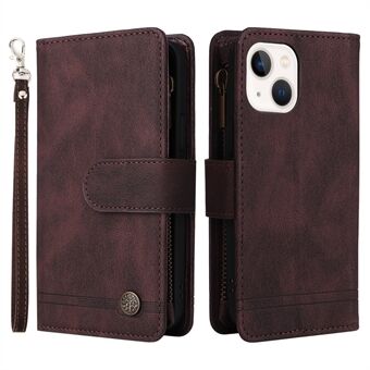 Mobile Phone Stripes Imprinted Skin-touch Wallet Stand Leather Cover Card Slots Flip Protective Case with Zipper Pocket for iPhone 13 mini 5.4 inch