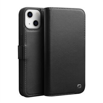 QIALINO Well-protected Anti-fall Magnetic Closure Wallet Design Genuine Leather Cell Phone Case with View Window for iPhone 13 mini 5.4 inch