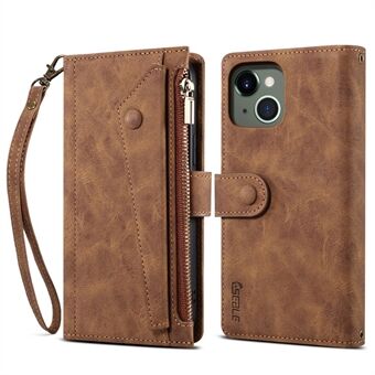 ESEBLE For iPhone 13 mini 5.4 inch Wallet Cell Phone Cover Zipper Pocket Stand Anti-dust Shockproof Phone Case Bag