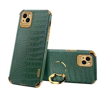 For iPhone 13 mini 5.4 inch 6D Precise Cutout Electroplated Crocodile Texture Leather Coated TPU Phone Case with Finger Ring Kickstand