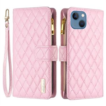 BINFEN COLOR BF Style-15 for iPhone 13 mini 5.4 inch Zipper Pocket Rhombus Pattern Imprinted Phone Case Matte PU Leather Wallet Stand Shell