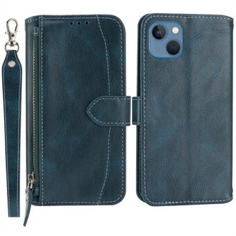 For iPhone 13 mini 5.4 inch Anti-fall Zipper Pocket Wallet Case Folio Flip PU Leather Magnetic Mobile Phone Cover Stand with Long / Short Straps