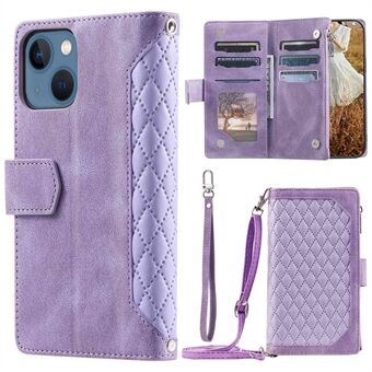 005 Style Rhombus Texture PU Leather Phone Case For iPhone 13 mini 5.4 inch, Card Holder Anti-fall Shock-absorption Zipper Pocket Wallet Cover Stand with Strap