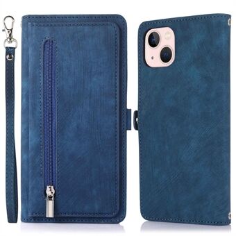 For iPhone 13 mini 5.4 inch PU Leather Wallet Case Multi-Functional 9 Card Slots Stand Protective Cover with Zipper Pocket and Wrist Strap