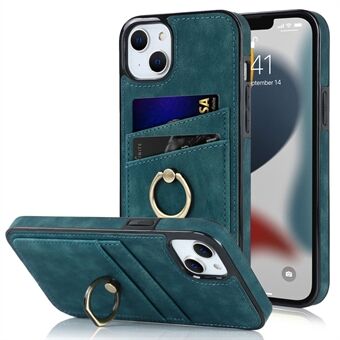 For iPhone 13 mini 5.4 inch Retro Texture Leather Coated TPU Case Card Holder Drop-proof Ring Holder Kickstand Phone Cover