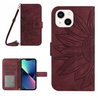 For iPhone 13 mini 5.4 inch HT04 Skin-touch PU Leather Imprinted Sunflower Stand Case Anti-scratch Phone Wallet Cover with Shoulder Strap