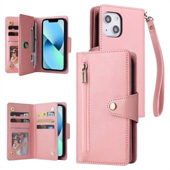 For iPhone 13 mini 5.4 inch Zipper Pocket PU Leather Phone Case Rivet Decor Stand Multiple Card Slots Wallet Flip Cover with Strap